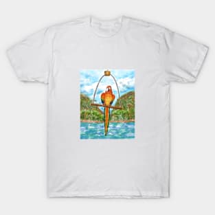 Red scarlet macaw parrot with nature landscape background T-Shirt